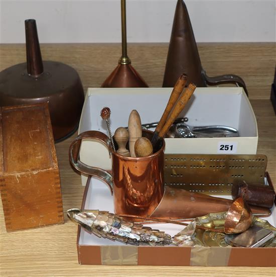 An abalone shell articulated fish bottle opener and various metalware funnels, an ale warmer, etc.